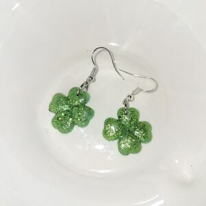 Green Glitter Four-Leaf Clover Dangle Earrings